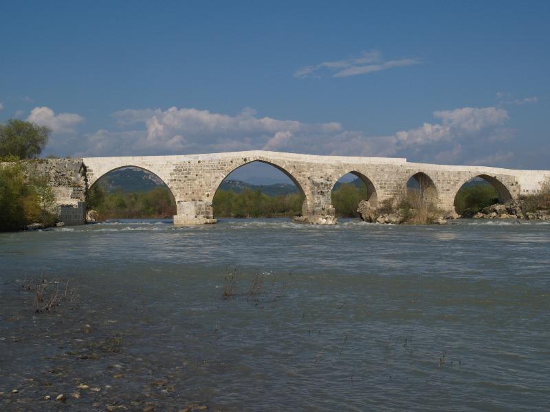 Aspendos (Belkis), Turkey: 13th century bridge (built on ruins of old Roman bridge legs by Seljuk emperor Alaaddin Keykubat, restored 1996-1999)