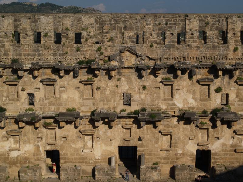 Aspendos (Belkis), Turkey: Theatre: wall at front (built by Romans during reign of Marcus Aurelius, AD 161-180, restored 20th century)