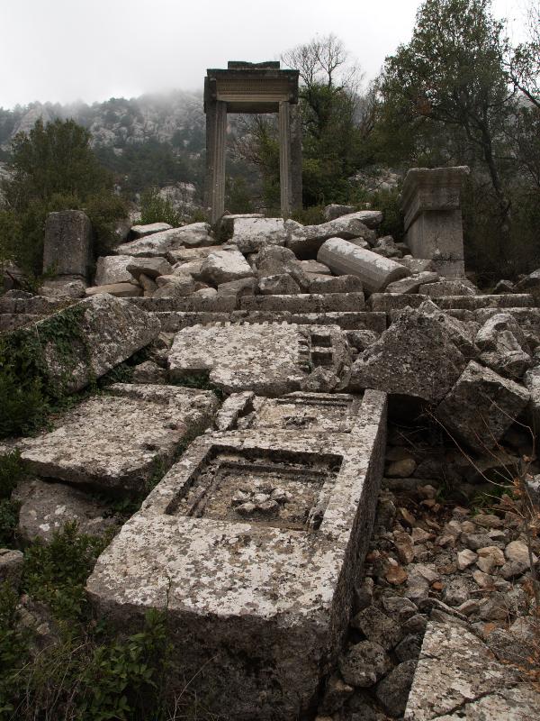 Termessos, Turkey: Artemis-Hadrian Temple and Hadrian Propyleum: doorway and jumble of rocks (Roman, 2nd century AD)