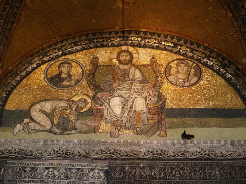 Istanbul, Turkey: Hagia Sophia (Aya Sofya): Leo (Leon) VI mosaic (over Imperial Gate, end 9th century; Leo VI kneeling before Jesus, Virgin Mary top left, Archangel Gabriel top right)