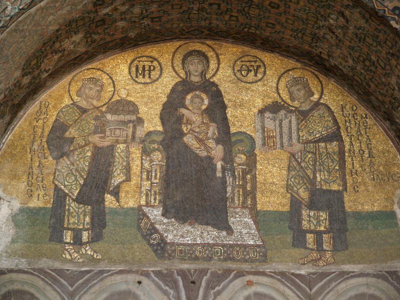 Istanbul, Turkey: Hagia Sophia (Aya Sofya): Justinian the Great (presenting model of church), Virgin Mary and Constantine (presenting model of city) mosaic (end 10th century)