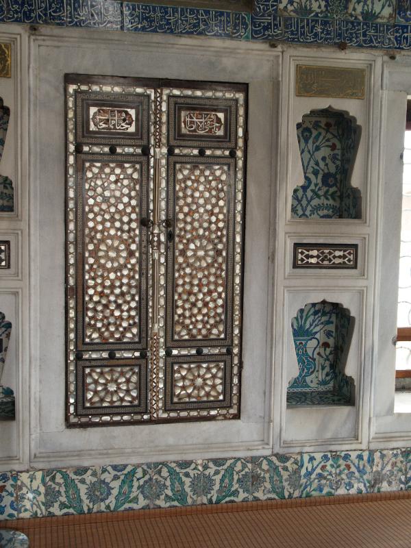 Istanbul, Turkey: Topkapi Palace Harem (Sogukceshme Sokak), Library of Ahmet I: inlaid (mother-of-pearl) wood shutters and (Iznik) tiled niches