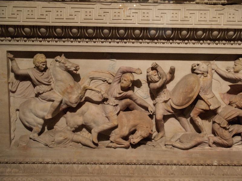 Istanbul, Turkey: Archaeology Museum: Alexander Sarcophagus (from Royal Necropolis of Sidon, c 325-300 BC) (scene depicting Battle of Issus, 333BC, with Alexander at left in lion's head headdress)