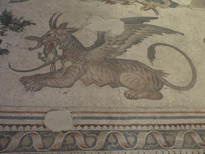 Istanbul, Turkey: Great Palace Mosaic Museum: mosaic detail of griffin eating something (6th century, from palace of Justinian)