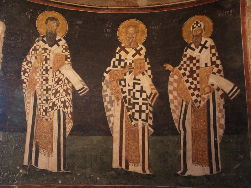 Istanbul, Turkey: Chora Church (Kariye Museum): fresco of (some of) the church fathers (Basil, Gregory the Theologian and Cyril of Alexandria) (c 1315)