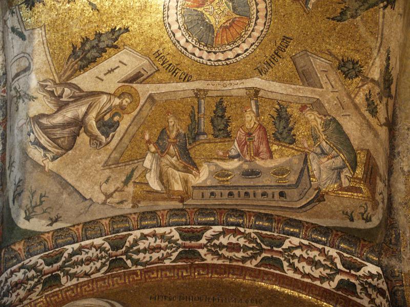 Istanbul, Turkey: Chora Church (Kariye Museum): mosaic of Mary in the arms of Joachim (and the blessing by the priests) (c 1315)