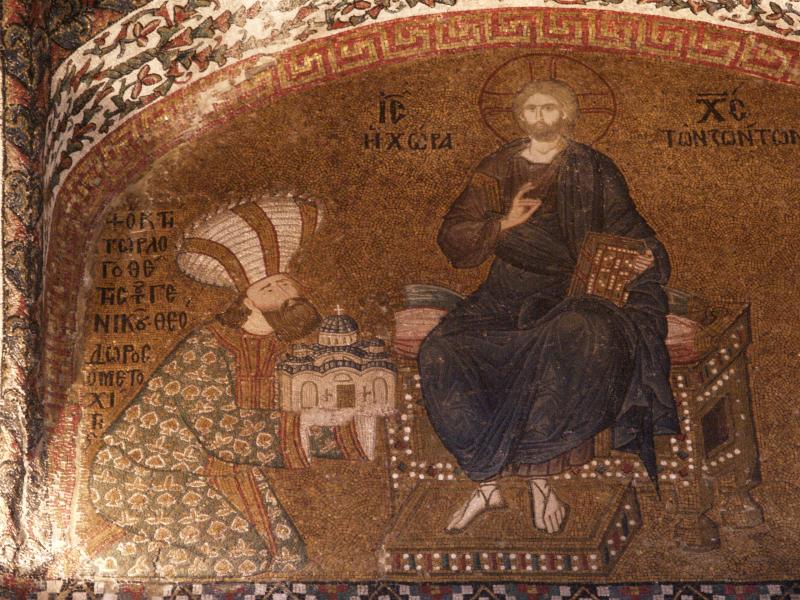 Istanbul, Turkey: Chora Church (Kariye Museum): mosaic of Theodore Metochites (presenting model of the church to Jesus) (c 1315)