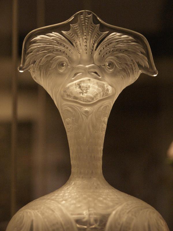 London, England: British Museum: detail of engraved glass ewer (Cristalleries de Baccarat, for the Paris Universal Exhibition of 1878)