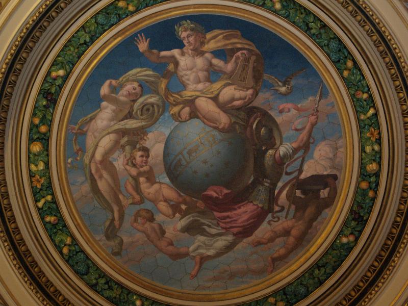 London, England: Victoria and Albert Museum: ceramic staircase dome (Apollo, Minerva, Poetry, Music and Art grouped around celestial globe, 1866-1869, designed by Frank Moddy)