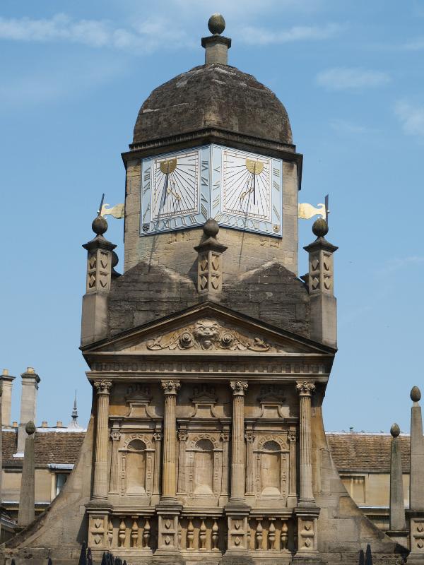 Cambridge, England: Gonville and Caius College: Gate of Honour top half (with sundials)