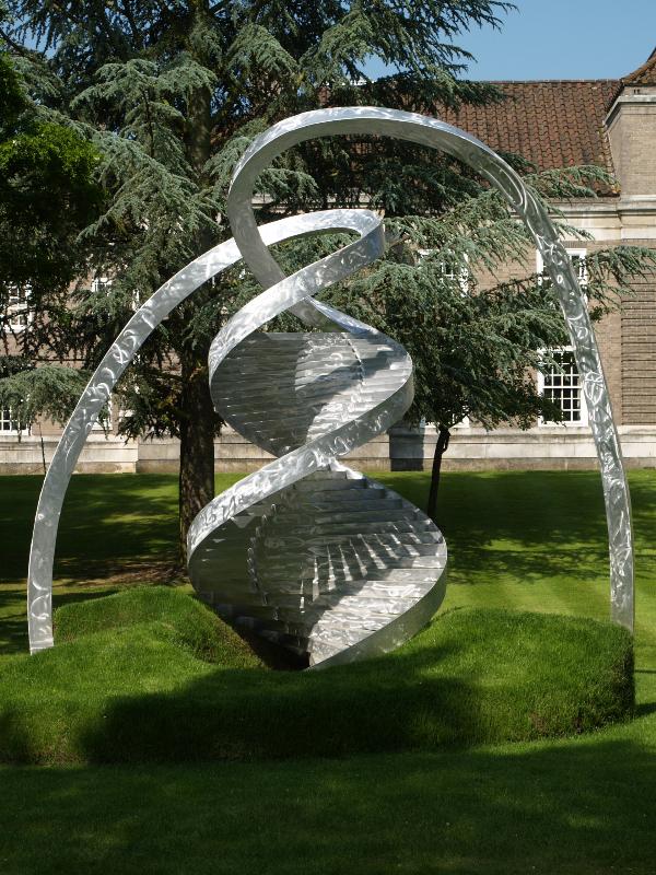 Cambridge, England: Clare College: DNA double helix sculpture (2005, Charles Jencks)