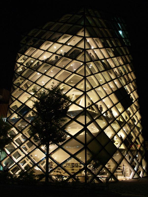Tokyo, Japan: Prada Aoyama: view at night (2003, architects Herzog and de Meuron)
