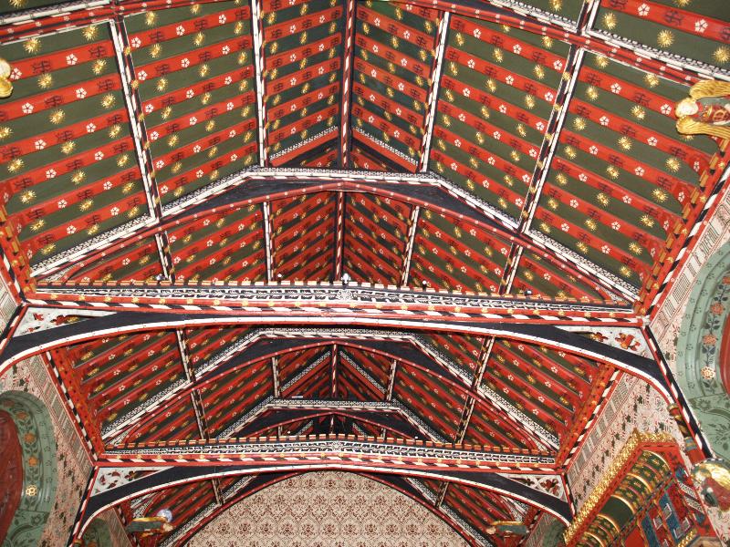 Cambridge, England: Queens' College: old dining hall ceiling (1875, designed by G.F. Bodley, executed by F.R. Leach, restored 1961)