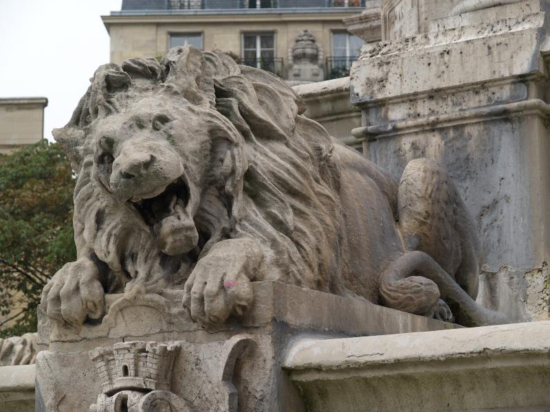 Paris, France: Place St Sulpice, Fontaine des Quatre Eveques: lion sculpture (1847, architect Ludovico Visconti)
