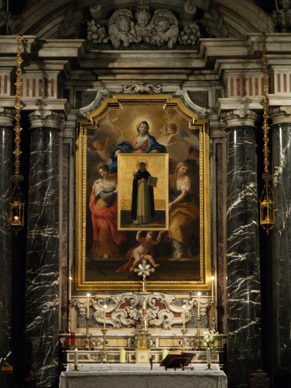 Rome, Italy: Santa Maria sopra Minerva: Chapel of Saint Dominic altar (1725, architect Filippo Raguzzini of Benevento, painting Our Lady entrusting an image of Saint Dominic by Paolo de Matteis of Salerno)