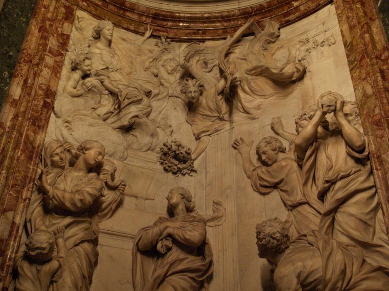Rome, Italy: Sant'Agnese in Agone: detail, martyrdom of Santa Emerenziana (1668-1709, Ercole Ferrata)