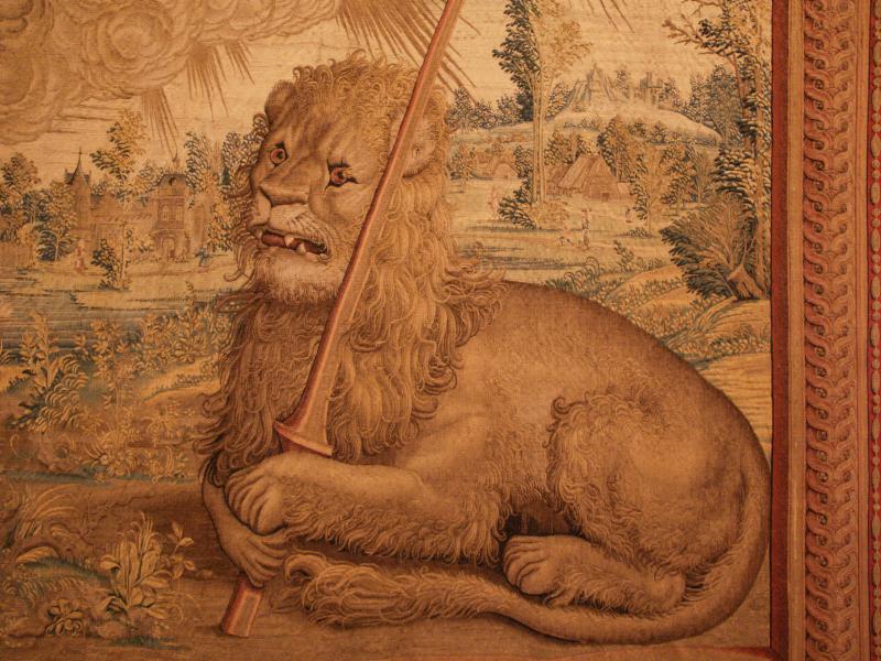 Vatican City: Vatican Museum: lion, tapestry detail (from Justice, Faith, Charity, ornamental cover of throne of Clement VII, Brussels, around 1523-1534, workshop of Pieter van Aelst)