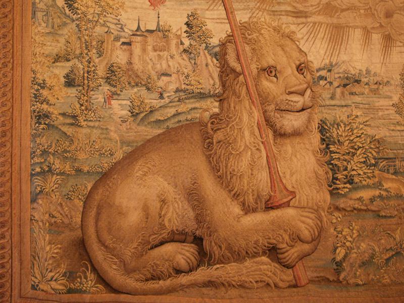 Vatican City: Vatican Museum: lion, tapestry detail (from Justice, Faith, Charity, ornamental cover of throne of Clement VII, Brussels, around 1523-1534, workshop of Pieter van Aelst)