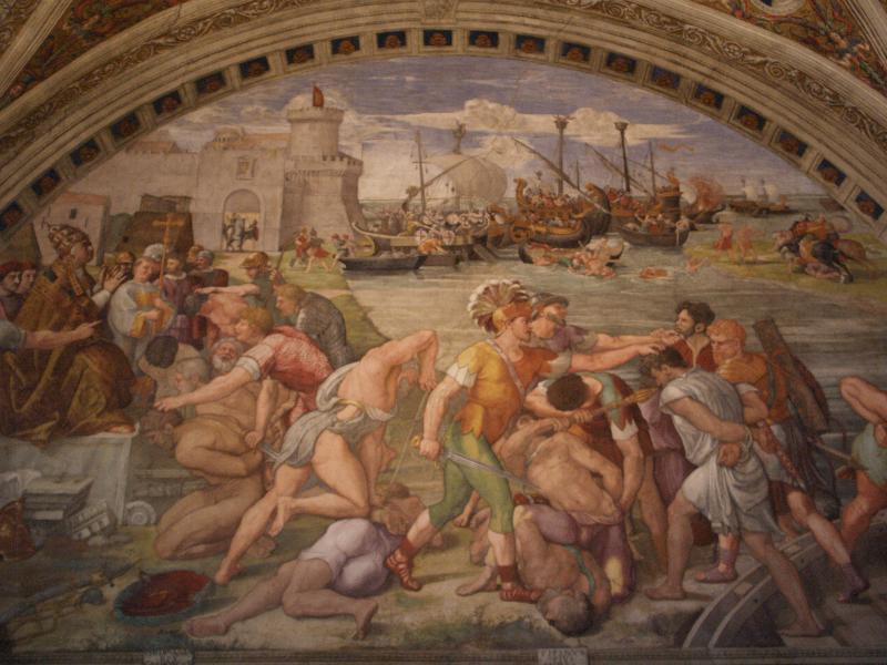 Vatican City: Vatican Museum: Battle of Ostia (1514-1517, school of Raphael) (Stanza dell'Incendio di Borgo, Room of the Borgo Fire)