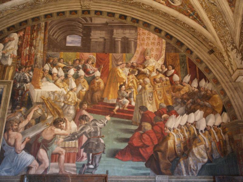 Vatican City: Vatican Museum: Coronation of Charlemagne (1514-1517, school of Raphael) (Stanza dell'Incendio di Borgo, Room of the Borgo Fire)