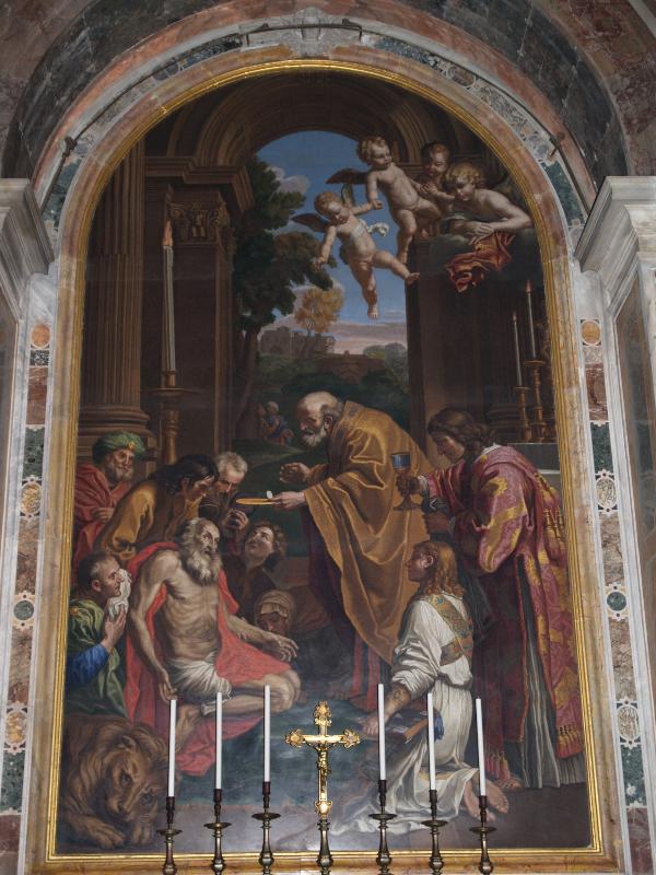 Vatican City: Basilica di San Pietro (St Peter's Basilica): Altar of St Jerome (Last Communion of St Jerome) (1744 mosaic after 1614 painting by Domenichino)
