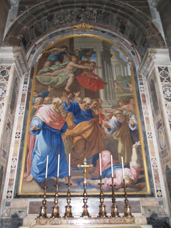 Vatican City: Basilica di San Pietro (St Peter's Basilica): Altar of the Falsehood (Alter of the Lie) (1725-1727 mosaic after 1599-1604 painting by Cristoforo Roncalli)
