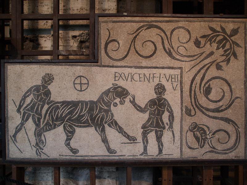 Rome, Italy: Colosseo (Colosseum): mosaic with hunting scene (2nd century AD, Rome, Praetorian Camp)