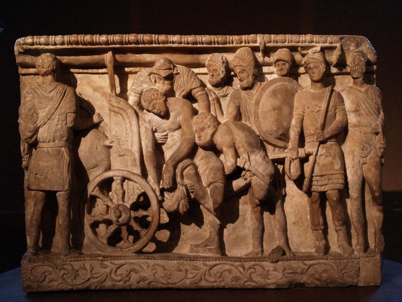 Rome, Italy: Colosseo (Colosseum): urn (vase) with the Recovery of Patroclus (alabaster, 2nd century BC, from Volterra)
