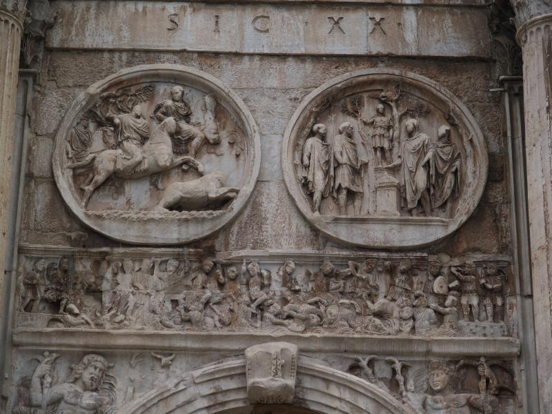 Rome, Italy: Arco di Trionfo di Constantio (Arch of Constantine): middle panel, east arch, south side (medallions with hunting scenes) (monument built 315 AD)