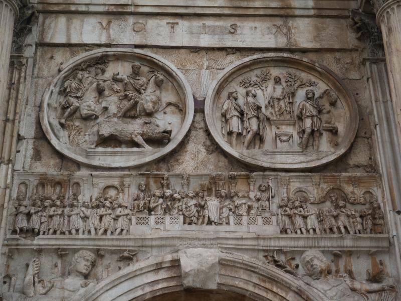 Rome, Italy: Arco di Trionfo di Constantio (Arch of Constantine): middle panel, east arch, north side (medallions with hunting scenes) (monument built 315 AD)