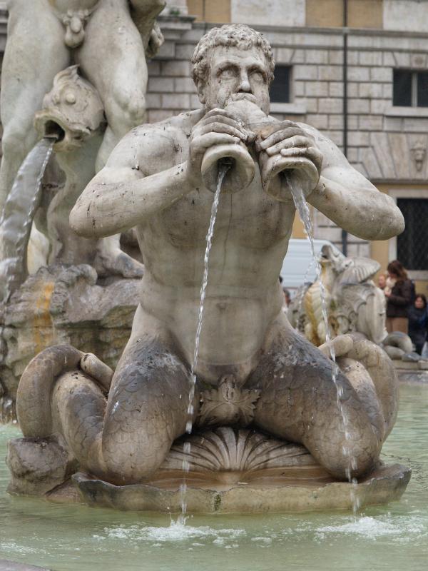 Rome, Italy: Piazza Navona, Fontana del Moro (Fountain of the Moor): triton (fountain 16th century, sculpture 19th century)
