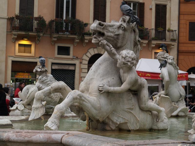 Rome, Italy: Piazza Navona, Fontana del Nettuno (Fountain of Neptune): seahorse emerging from water (sculpture 19th century)