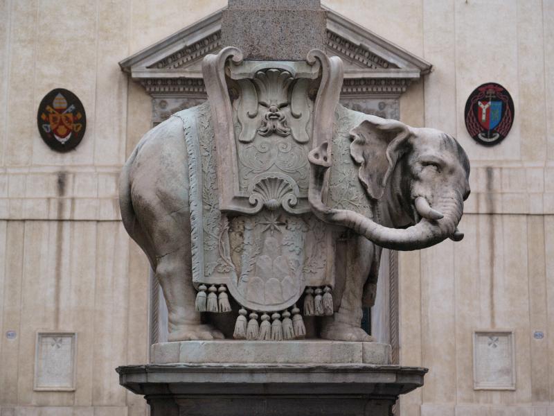 Rome, Italy: Santa Maria sopra Minerva: marble elephant under obelisk in front of church (1667, probably designed by Giuseppe Paglia, sculpted by Ercole Ferrata) (called Minerva's Chick)