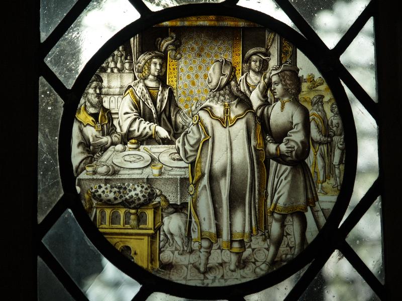 Cambridge, England: King's College: chapel small interior stained glass window (16th century Flemish?)