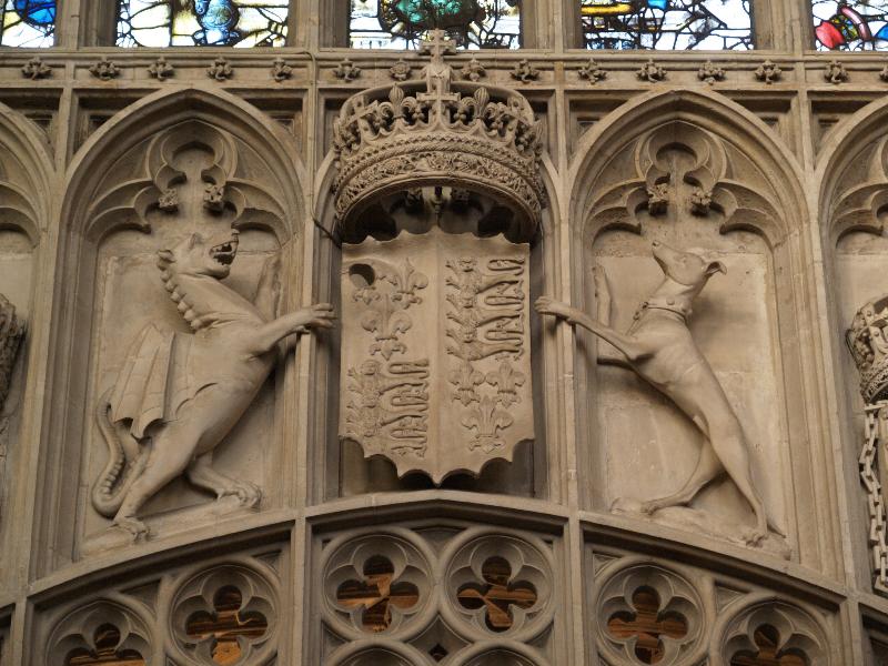 Cambridge, England: King's College: chapel, interior sculpture (royal shield)