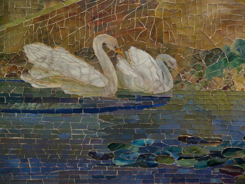 New York City, NY: Metropolitan Museum of Art: Landscape and fountain, swan detail (c 1905-1915, Tiffany Studios, New York City)