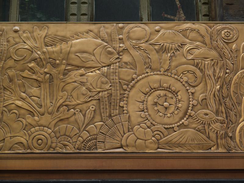 New York City, NY: 122 East 42nd Street (Chanin Building): facade frieze sealife detail (1929, architect Sloan and Robertson)