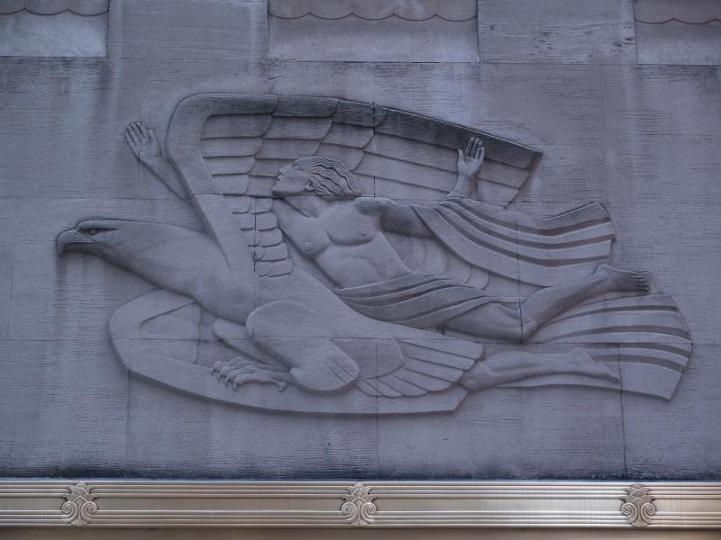 New York City, NY: Radio City Music Hall (Sixth Avenue, Avenue of the Americas): 'Morning' (decoration over entrance) (art deco, 1932, Robert Garrison)