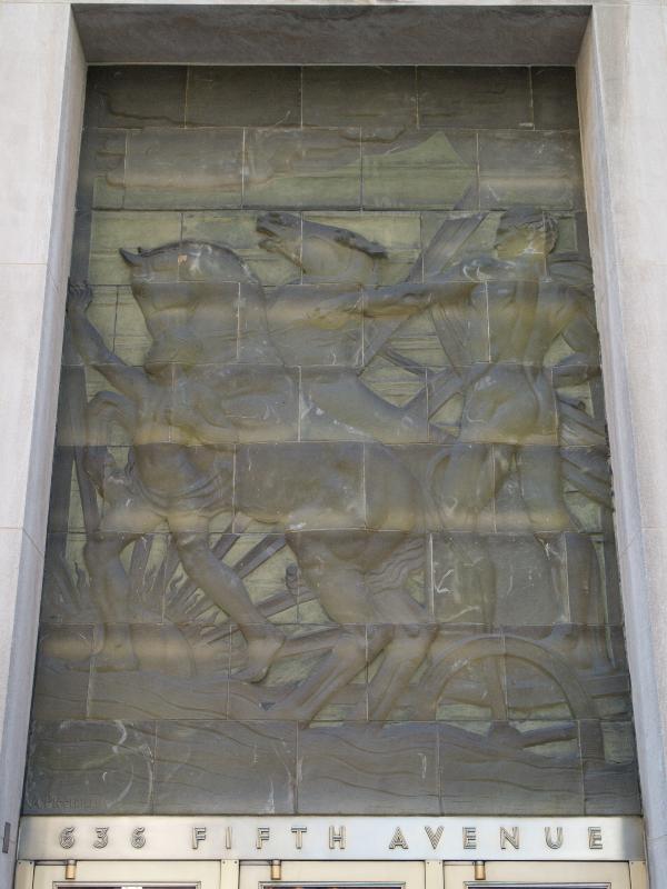 New York City, NY: 636 Fifth Avenue (International Building North, Rockefeller Center): 'Youth Leading Industry' (glass block bas-relief over door) (art deco, 1936, Attilra Piccirilli)