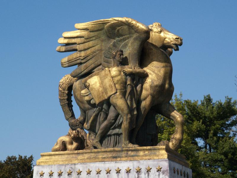Washington, DC: Arlington Memorial Bridge: sculpture 'Aspiration and Literature' (commissioned 1925, designs approved 1933, erected 1951, sculptor James Earle Fraser)