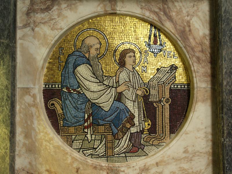 Cambridge, England: Gonville and Caius College: chapel apse mosaic (prophet Samuel being tutored by Eli) (1870, made by firm of Antonio Salviati)