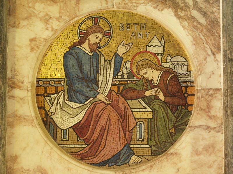 Cambridge, England: Gonville and Caius College: chapel apse mosaic (Jesus teaching Martha about eternal life near the tomb of Lazarus) (1870, made by firm of Antonio Salviati)