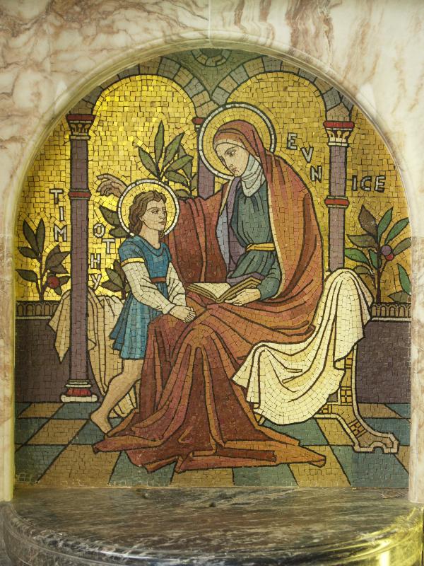 Cambridge, England: Gonville and Caius College: chapel apse mosaic (Eunice instructing her son Timothy) (1870, made by firm of Antonio Salviati)