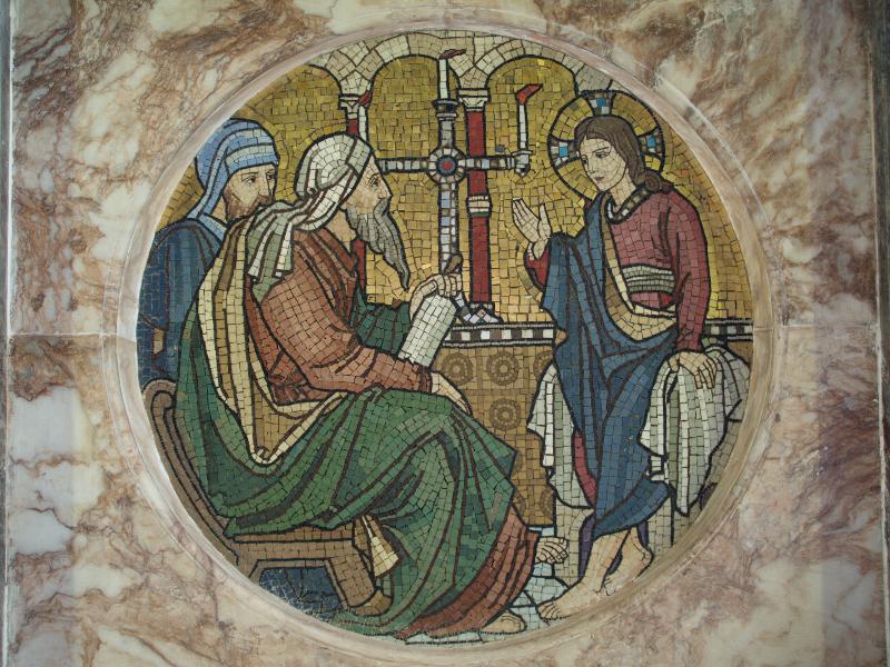 Cambridge, England: Gonville and Caius College: chapel apse mosaic (the boy Jesus disputing with the scribes in the Temples) (1870, made by firm of Antonio Salviati)