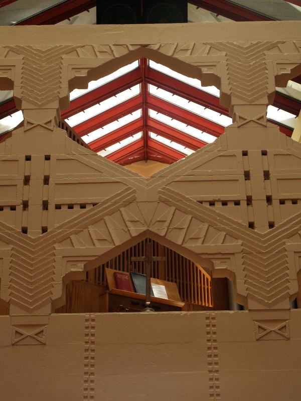 Lakeland, Florida (FL): Florida Southern College: Annie Pfeiffer Chapel, wall below bell tower (1938-1941, Frank Lloyd Wright)