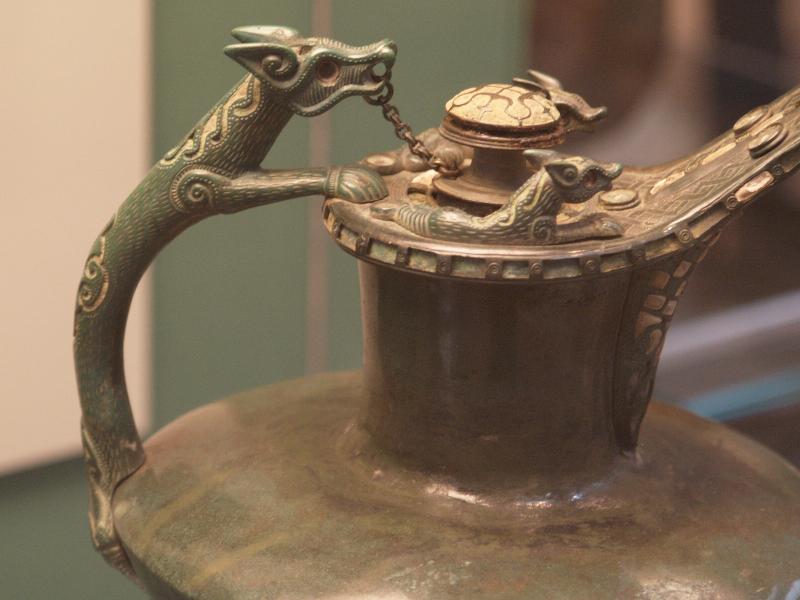 London, England: British Museum: dog handle, bronze flagon (about 450 BC, Basse-Yutz, France) (example of 'La Tene' art)