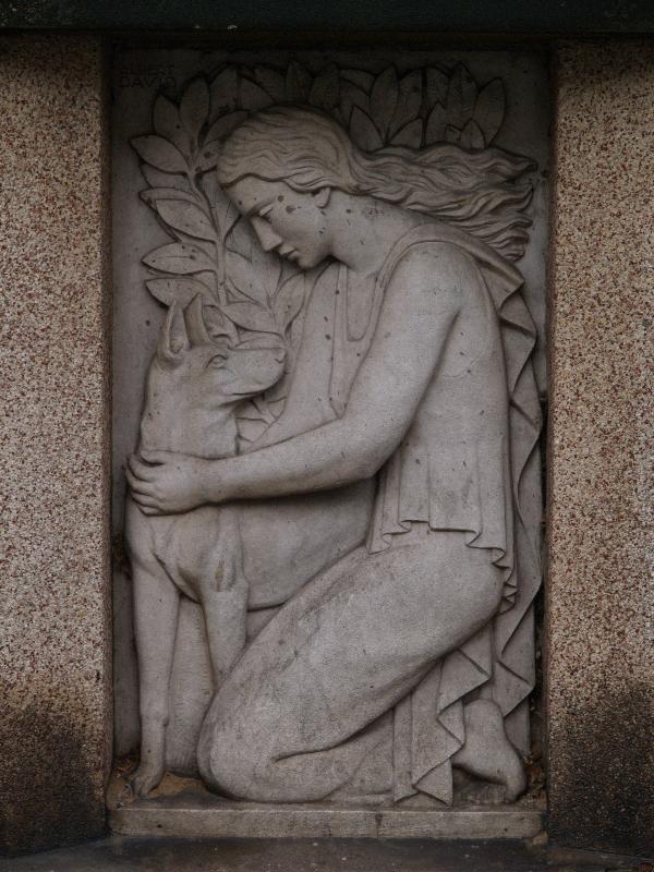 Paris, France: 102 Boulevard Brune: woman and dog (sculptor Albert David)