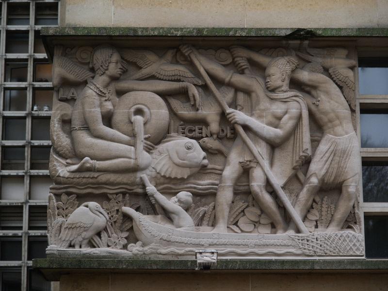 Paris, France: Residence Lucien Paye (originally Maison de la France d'Outre-Mer) (Cite Internationale Universitaire de Paris): bas-relief, 'La Legende' (1951, sculptor Anna Quinquaud, architect Albert Laprade)