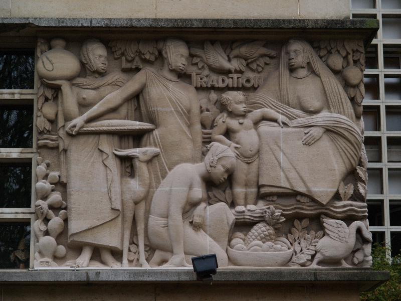 Paris, France: Residence Lucien Paye (originally Maison de la France d'Outre-Mer) (Cite Internationale Universitaire de Paris): bas-relief, 'La Tradition' (1951, sculptor Anna Quinquaud, architect Albert Laprade)
