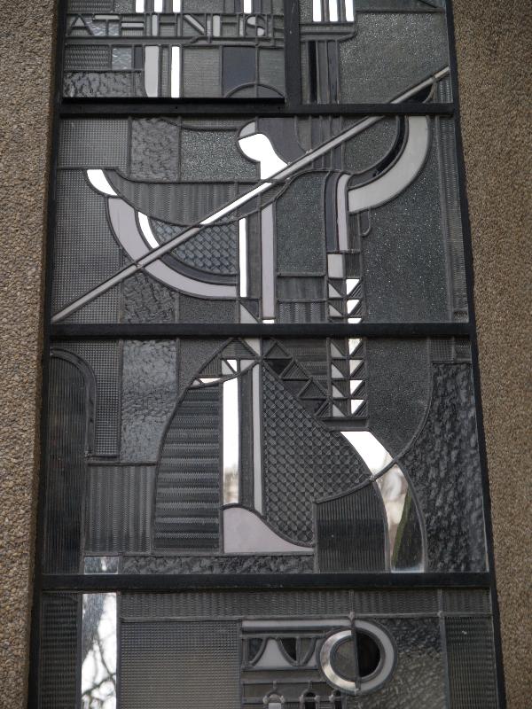 Paris, France: Atelier Barillet, 15 Square de Vergennes: stained glass detail, Athena (art deco, 1932, architect Robert Mallet-Stevens, stained glass windows by Louis Barillet)